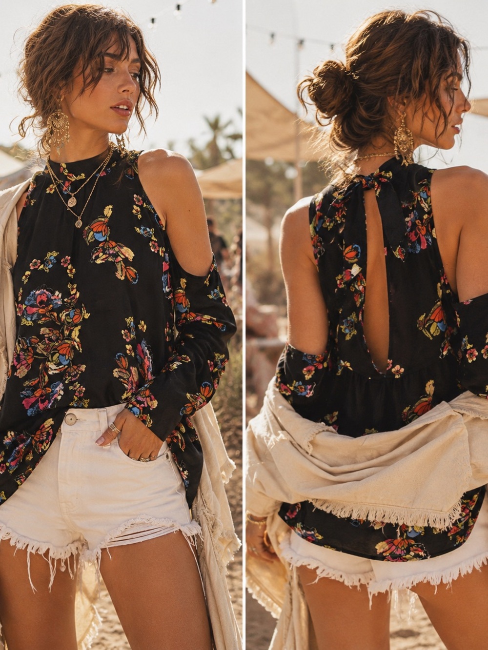 NWT Free People Kaleidoscope Dream Tunic Dress Black Floral Cold Shoulder Boho